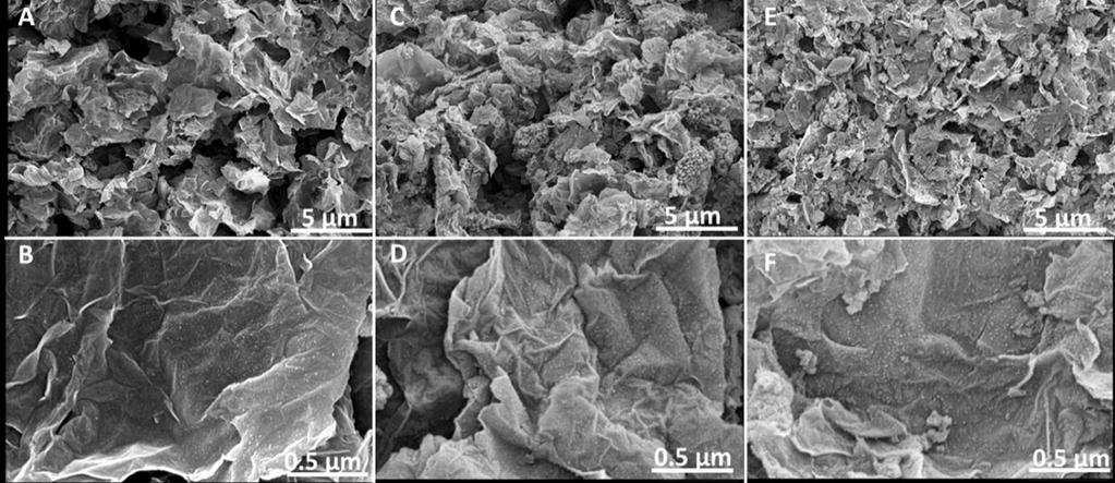 density filter (leading to ~1 mw power on the sample surface). The exposure time used was 100 s. Figure S5. (A, B) SEM surface images of the NGP/PANI 1:0.5. (C, D) SEM images of the graphene/pani 1:1 and (E, F) NGP/PANI 1:2.