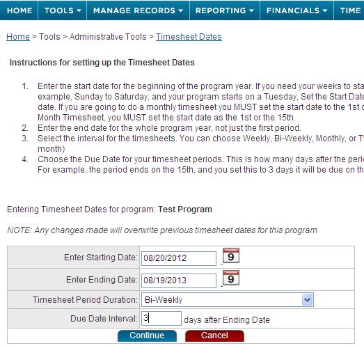 Clicking on Timesheet Dates will take you to below screen. Follow the instructions for setting up the Timesheet dates.