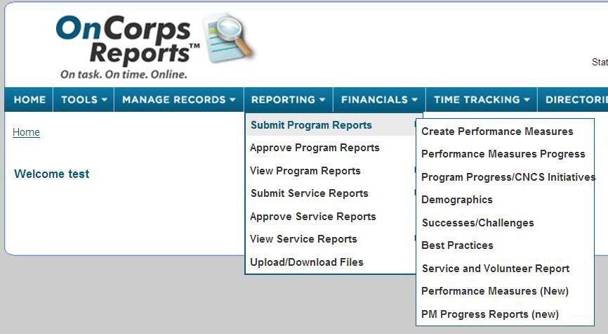 Each of the required reports, with the exception of the Great Stories report, is accessed through the Reporting tab, then by highlighting Submit Program Reports.