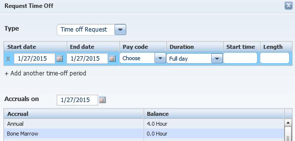 The Request Time Off window will appear. The Accruals On feature allows an employee to view their accrual balances on a future date. 1. Select the Calendar icon to the right of the Accruals On field.