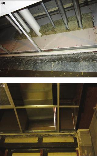 openings were stuffed with pieces of stone wool insulation; (b) large gaps between pieces of drywall and around the penetrating elements were not caulked or taped; light shining through the gaps from