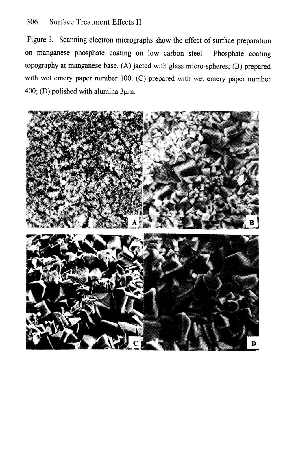 306 Surface Treatment Effects II Figure 3. Scanning electron micrographs show the effect of surface preparation on manganese phosphate coating on low carbon steel.