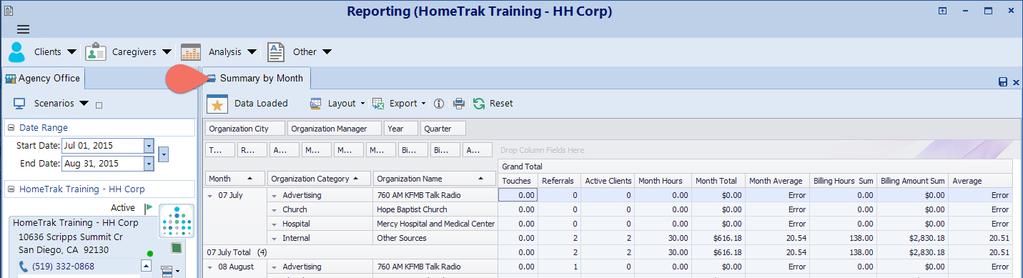 Summary by Month Report Appointment Categories by Organization This report shows a customizable pivot table detailing appointments with organizations; grouped by Organization Category, then