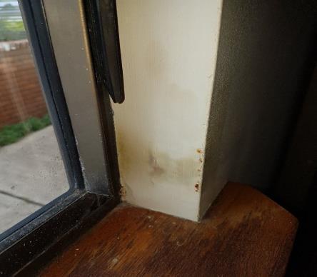 Water damage, Sections of window sills are water damaged and may indicate