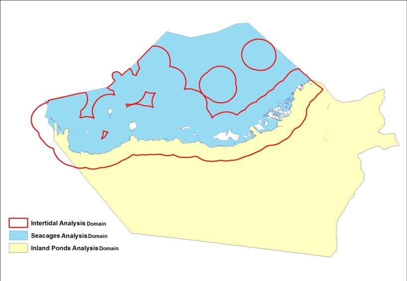 Inland Aquaculture Suitability Analysis Map 1) delineation of analyses domains for three aquaculture suitability classifications Additional datasets such as depth to sea floor (bathymetry (GEBCO-8