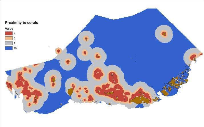 Map 10 Proximity to discharge outfalls mammals Map 11 Proximity to large groups of marine Map 12 Shipping Traffic density Map 13 Proximity to coral Reefs INTERTIDAL AQUACULTURE SUITABILITY ANALYSIS