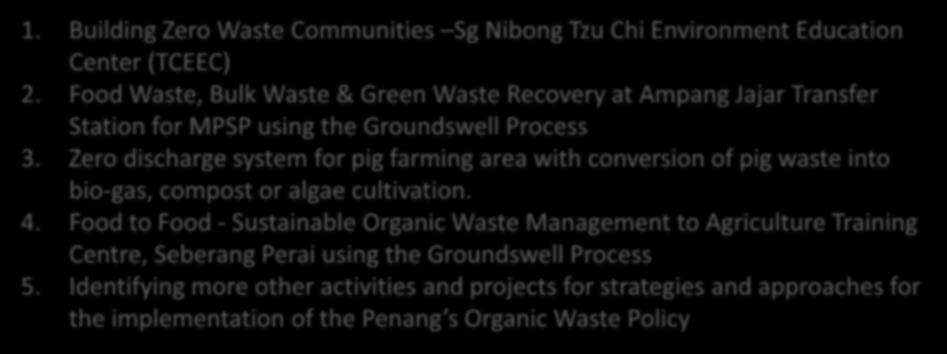 Zero discharge system for pig farming area with conversion of pig waste into bio-gas, compost or algae cultivation. 4.