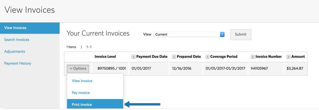 Click the Print Now button on the current invoice displayed on the Home page.
