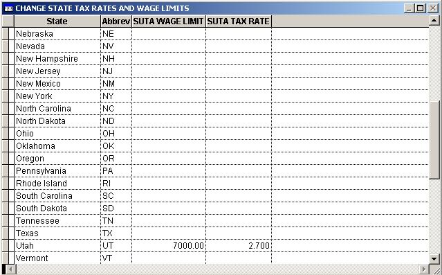 CHANGE STATE TAX LIMITS Here is where the Tax Rates and Limits for state unemployment taxes are set. The State rates and limits are user entered into a table provided for each state.