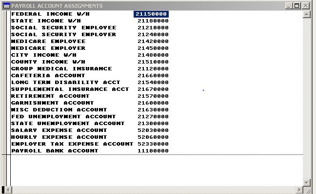 The Payroll Module of BPA automatically posts to the accounts listed below when a payroll is posted. It is important these accounts remain in the Chart of Accounts.