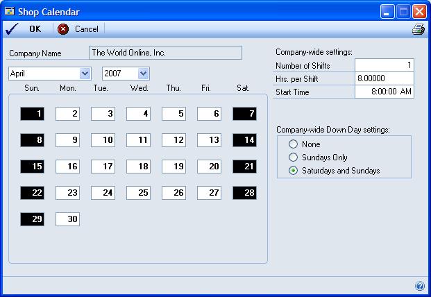 CHAPTER 1 MANUFACTURING BASIC SETUP Shop calendars You ll use the Shop Calendar window to indicate which days your plant is running and which days it isn t.