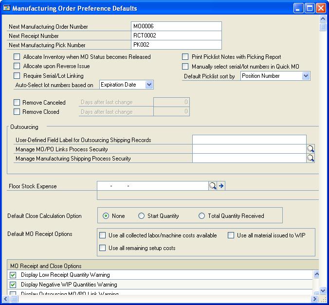 CHAPTER 4 MANUFACTURING PRODUCTION FUNCTIONS SETUP To set up manufacturing order processing: 1. Open the Manufacturing Order Preference Defaults window.