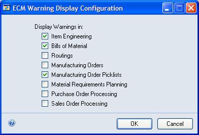 PART 1 MANUFACTURING SETUP Specifying modules for ECM warnings Engineering Change Management provides two major benefits.