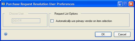 CHAPTER 11 MANUFACTURING PLANNING FUNCTIONS USER SETUP To set up request resolution user preferences: 1. Open the Purchase Request Resolution User Preferences window.