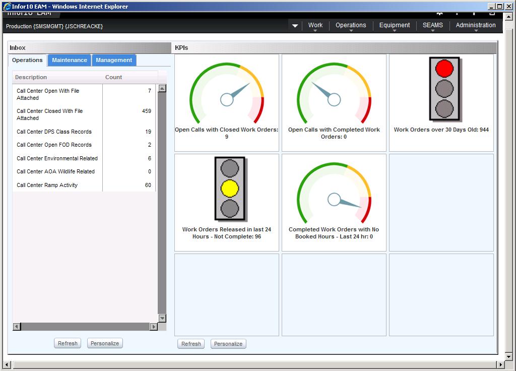 Dashboard View Still developing SMS-related KPIs Infor-EAM is a web-based application utilized for Asset Management maintenance work orders (includes preventative