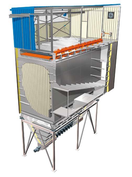 Operating principles and characteristics Penthouse with freight elevator (optional) Insulation to prevent dewpoint undershooting (hot gas version) Patented IMPULS cleaning system Clean gas outlet
