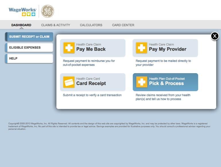 com/ge or the Savings Account tab on benefits.ge.com, log into your account. 2. Click Submit Receipt or Claim. 3. Select Pick & Process. 4.