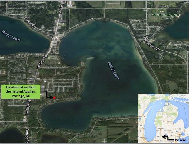 4 Case Study: Location of Wells 4.1 Wells near Austin Lake, Portage, MI The Portage aquifer is located over 100 m from Austin Lake in Portage, Michigan, at a private residence shown in.