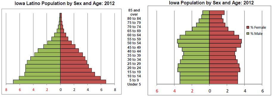 The Changing Face of Iowa 3.92 The average family size for the Iowa Latino population in 2010. The average family size in the state of Iowa is 2.97. 22.3 median age of Iowa Latinos 27.