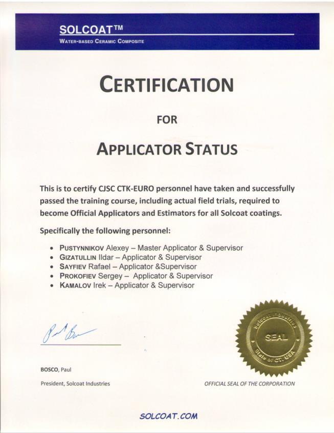 SOLCOAT Certificates CTK-EURO is the official