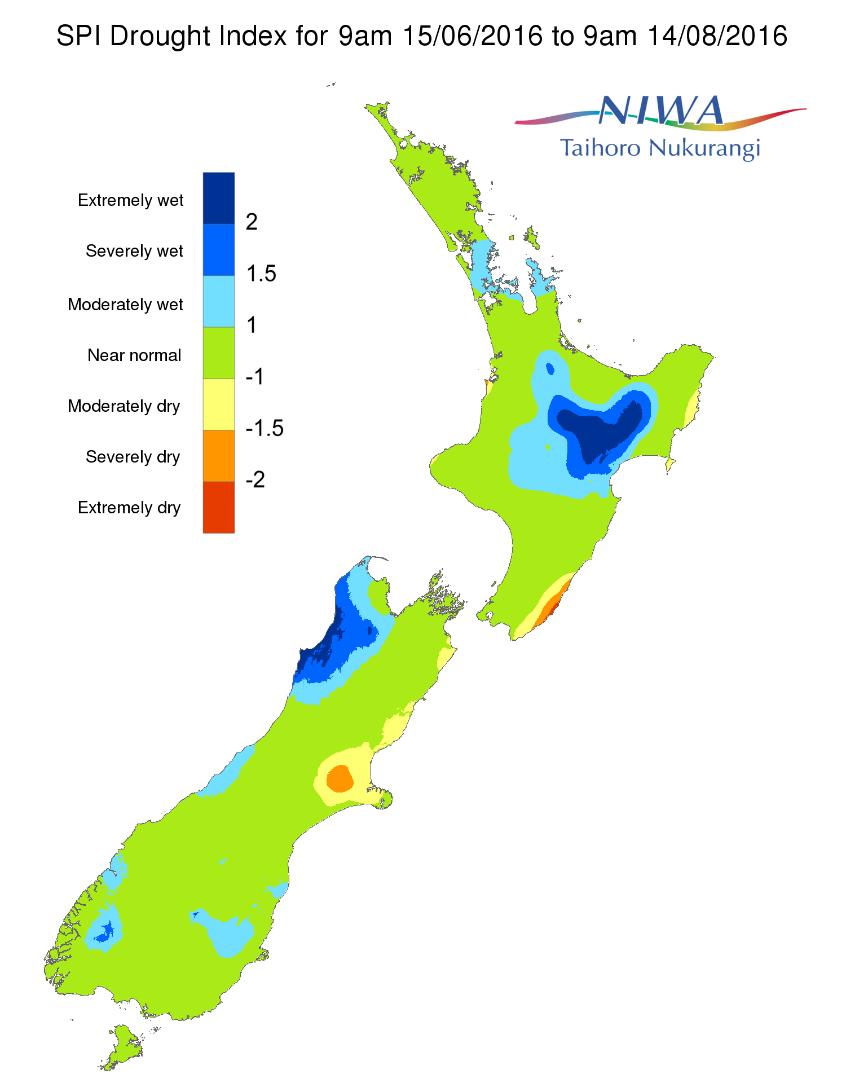 Figure 2: Example 60-day Standardised Precipitation Index (SPI) map for New Zealand. 4.2 SMD Soil Moisture Deficit (SMD) has been defined in section 3.1.