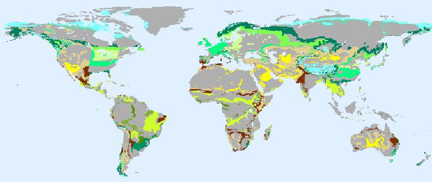 Changing ecosystems at a global mean temperature increase of 3 o C Change: needle-leafed forests becomes broad-leafed forest Extinction Degradation Ecosystems that change are coloured.