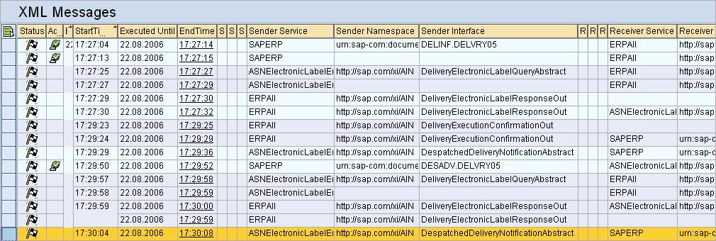 3. Look for a message with ASNElectricLabelEnrichment as Sender Service, DespatchedDeliveryNotificationAbstract as Sender Interface, SAPERP as Receiver Service, and DESADV.