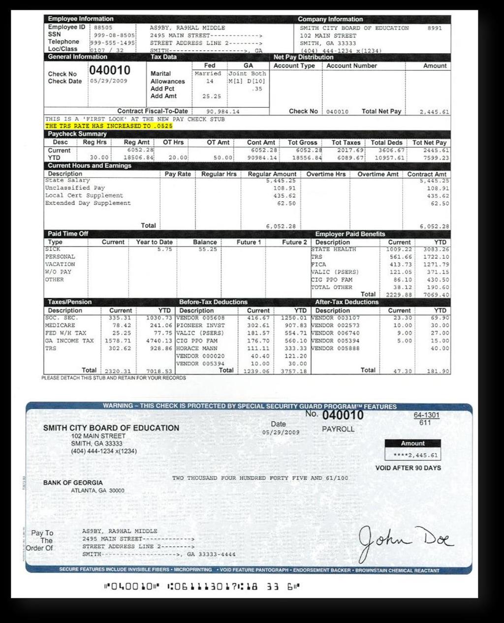 Appendix A: Employee Message on the Detailed Pay Stub - Example