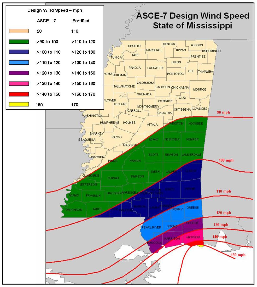 NOTE: all areas within the dark blue >100-110 mph zone and