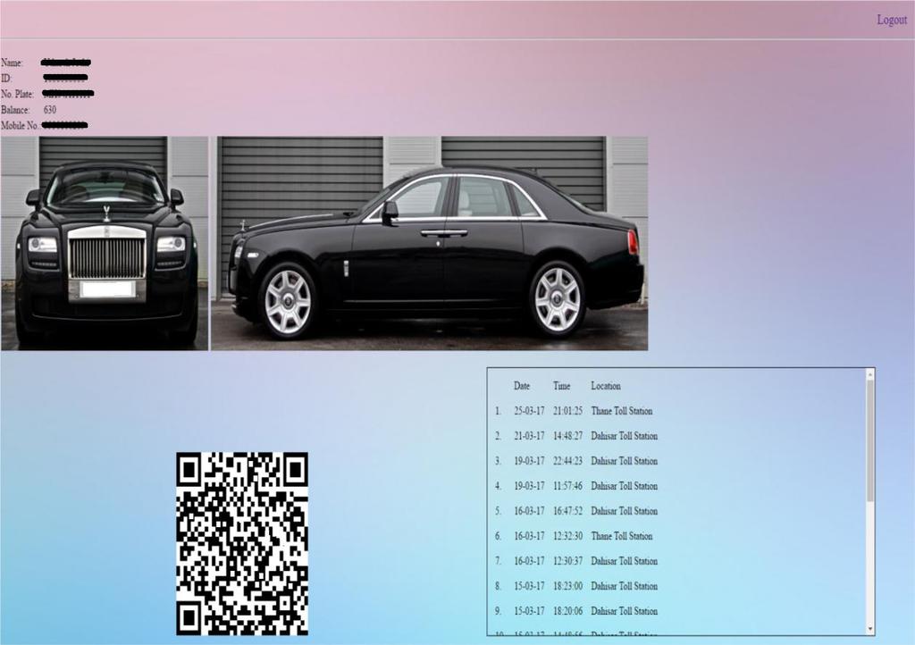 balance, vehicle pictures, QR code, log of all the transactions with date-time-location and also recharge option. Figure 4.