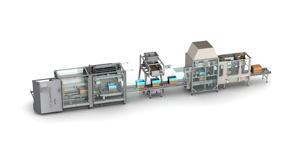 Fully automated solid chocolate line 3 2 1 WEIGH FILLER BAG CLOSER 4 CASE CLOSER
