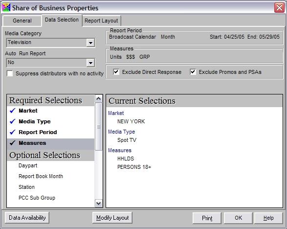 Creating a Share of Business Report In your report templates folder, double-click on a Share of Business report template. On the Data Selection tab, complete the four required selections: 1.
