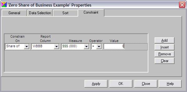 Zero Share Report Sorts and Constraints After opening the completed report, click the PROPERTIES button in the toolbar. CONSTRAINTS: In Properties, click the CONSTRAINT tab and ADD a new line.
