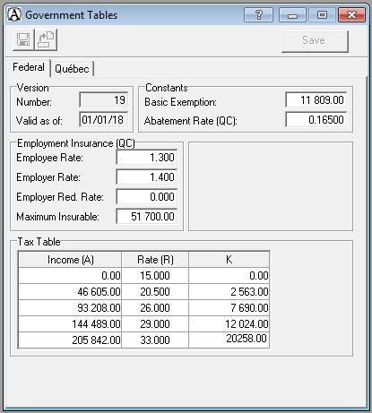 16 1. Year-End Procedure and New Features - 2018 Government Tables [Input menu, Payroll, Government Tax Tables] or In the Government Tax Tables window, the rates and values are