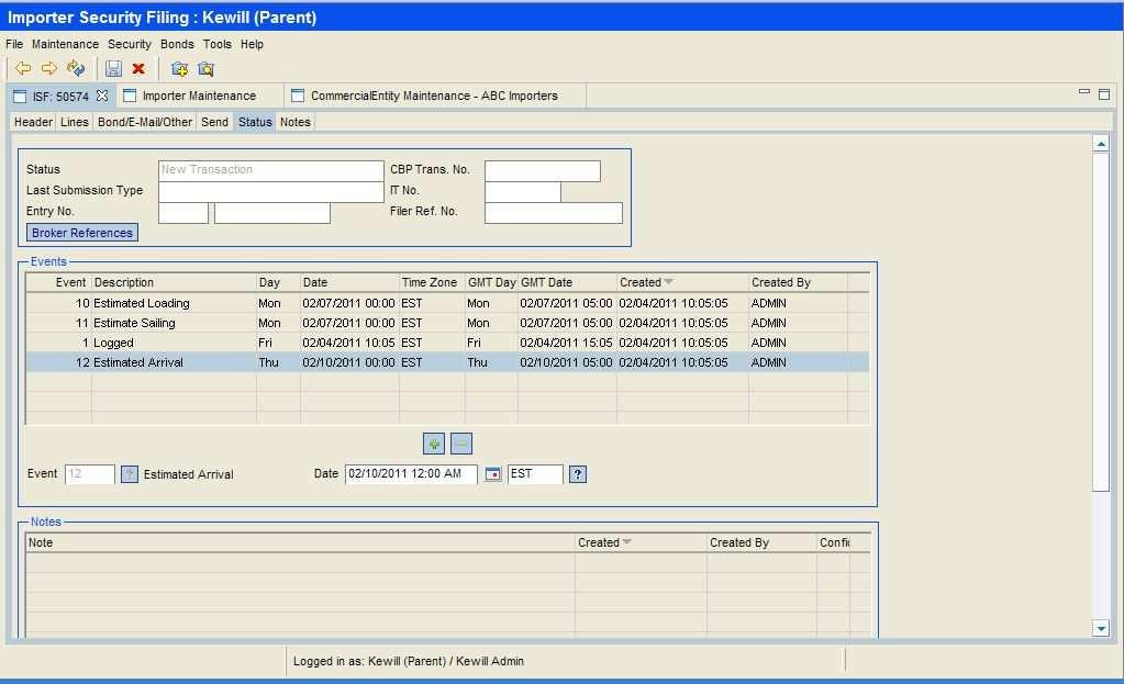 Kewill ISF > Processing a Transaction > Status Page Status Page Status Page Status Tab Page The Status page summarizes all the important dates and progress on the ISF transaction.