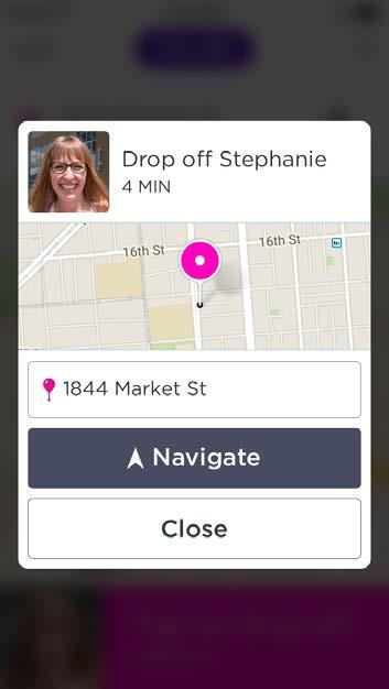Navigation To navigate to the dropoff location, drivers have an