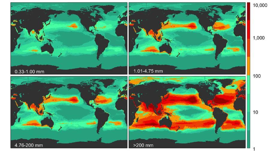 Weight of Plastics in the World s Oceans (U:g/km 2 ) Plastic pieces over