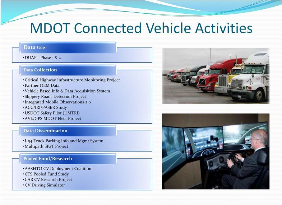 MDOT has been engaged in a variety of activities contributing to the development and deployment of Connected Vehicles over the past several years.