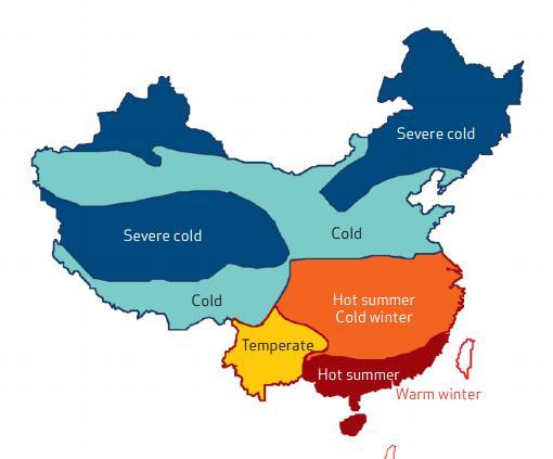 Geographic Distribution of Space Heating Severe cold 150-200days Cold 90-150days Hot
