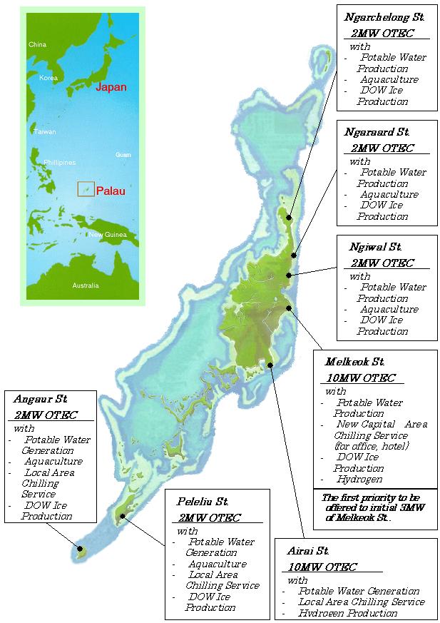 Figure. 12 The Plan of OTEC Project in Palau The Republic of Palau sent their first delegation to IOES in April 2000 to get the first hand information on OTEC power generation technology.