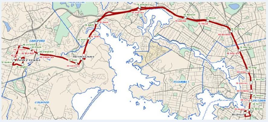 Route Westshore Line Change Overview: Rebrand the existing 50/50x Langford/Downtown as a Rapid Transit line called the Westshore Line in tandem with the implementation of bus lanes on the