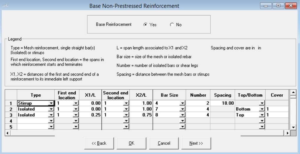 STRUCTURAL MODELING Chapter 5 5.5.2 Specify Base Non-Prestressed Reinforcement This screen is used to specify base non-prestressed reinforcement (Fig. 5.5-2). FIGURE 5.