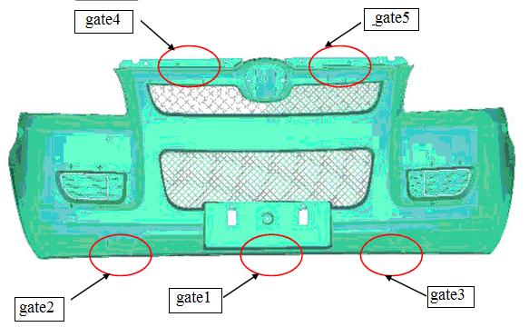 3.2 The setting of initial parameters Fig.2 gates setting Modified polypropylene material is used in traditional design.