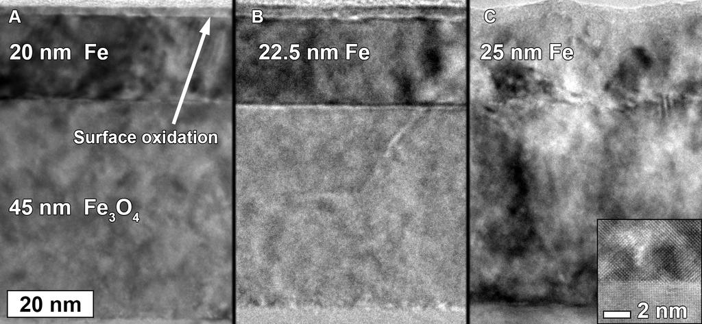 50 contains many more defects, showing arrays of dislocations, Figure 31. There also exists a ~2.5 nm surface oxide on the top Fe layer. This layer is presumed to be Fe2O3 based on XRD measurements.