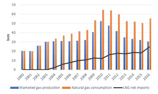 Gas consumption has declined since 2010, when it reached 65 bcm and accounted for 10.6% of TPES.