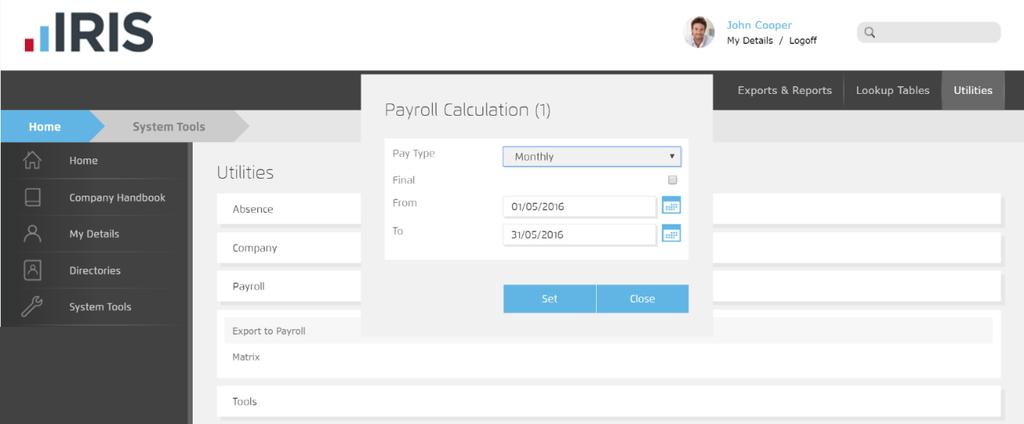 4. Choose the Pay Type 5. Enter the payroll From and To dates 6. Click Set, this will create a zip file containing the following files: a. IRIS HR Employee.