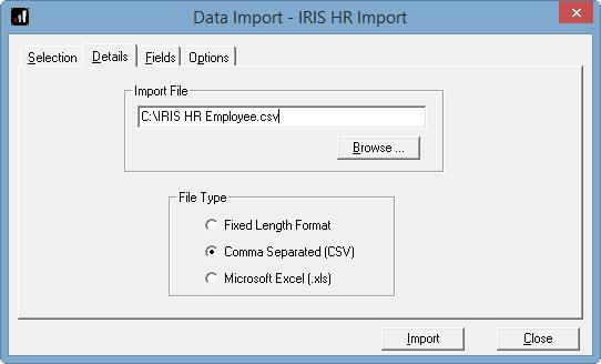 4. On the Details tab select the location in Import File where you saved the export IRIS HR Employee.csv file from IRIS HR 5.