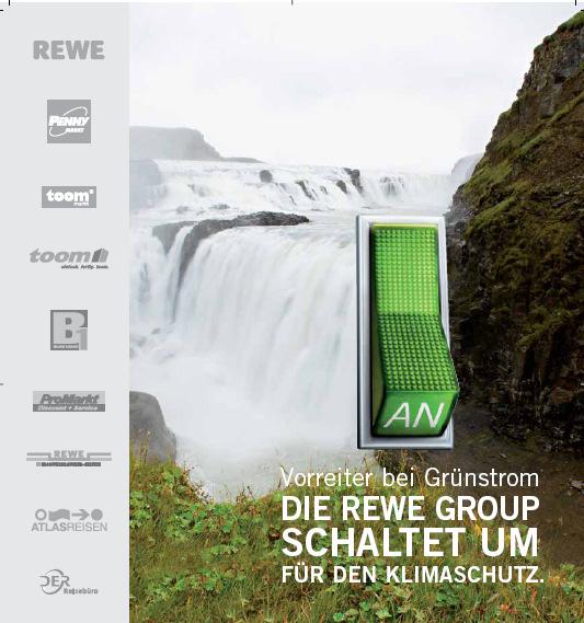 Project example Energy, Climate and the Environment Green Energy Pioneer In January 2008 REWE Group converted its complete electricity to the exclusive use of green energy. Now, about 6.