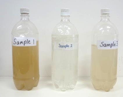 Label Sample 2 2. Add more soil to bucket and fill a second bottle (or second group of bottles) with this moderately turbid water. Label Sample 3 3.