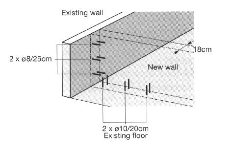 Examples: Example 1) Wall connection A vertically compressed new wall is dimensioned as follows: f c = 20 MPa f y = 400 MPa New wall thickness = 180 mm Vertical bars in new wall - 10M @ 200 mm